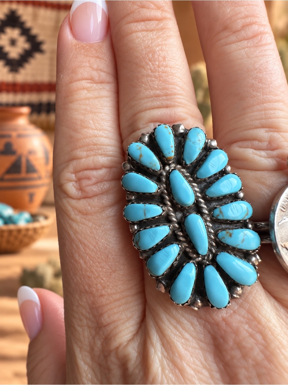 Size 10 Native Made Turquoise Cluster Ring - Sterling silver 🩵🦋